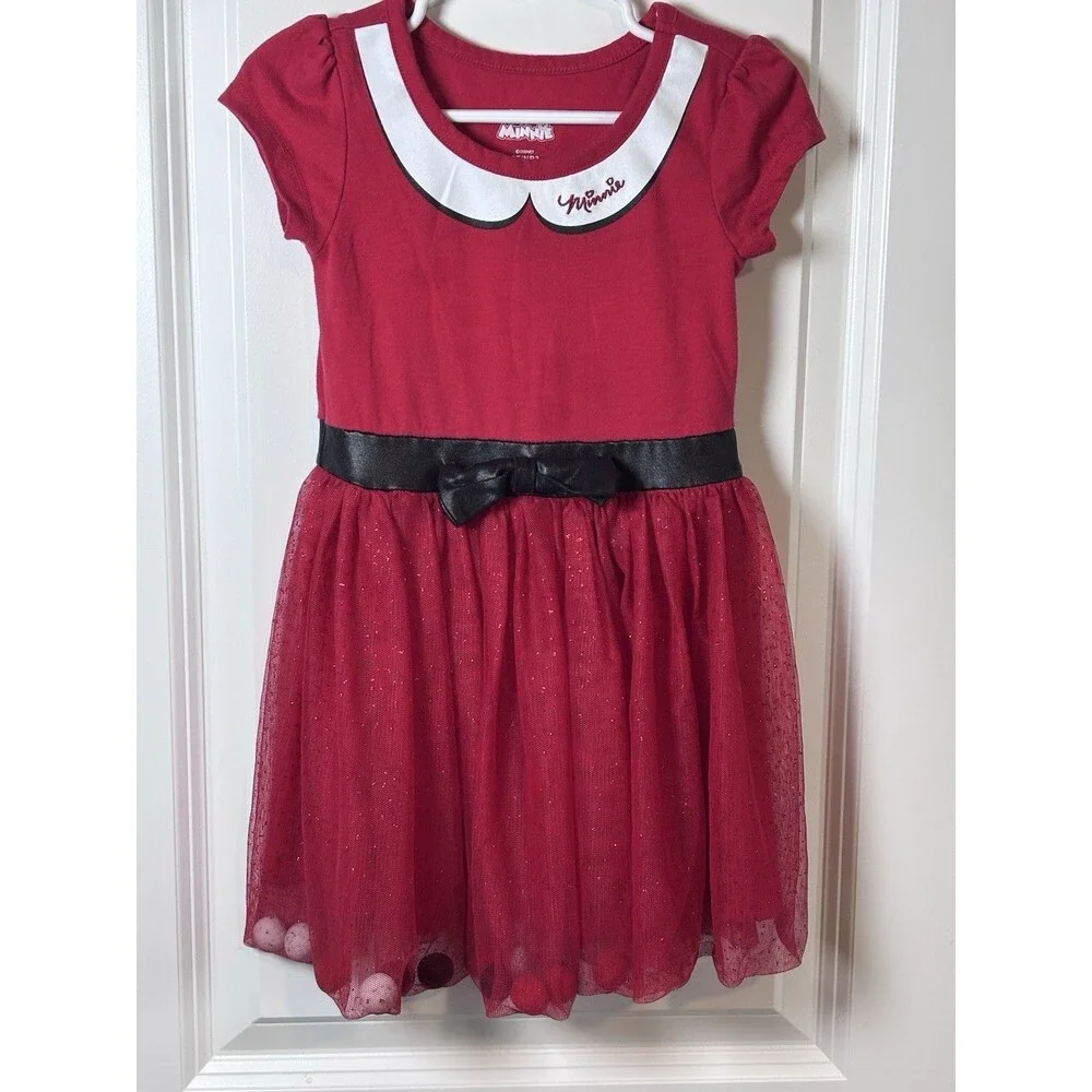 Disney Junior Minnie Mouse Girls dress 3T Red Sparkly Tutu With Poms Christmas